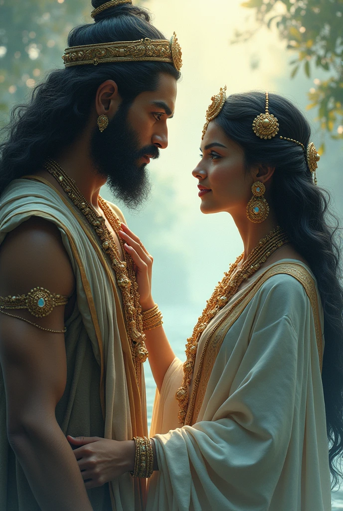 An illustration of Ganga, with a subtle, knowing smile, as she responds to King Shantanu's concerns.In dall e-3 style