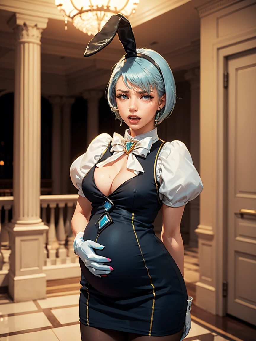 Beautiful woman is shown to have a athletic figure, she is wearing a beautiful nsfw dress, (aafranziska, light blue hair:1.5), ascot, puffy sleeves, pencil skirt, pantyhose, black gloves, jewelry, earrings, (black bunny ears:1.4), black lips, (tears:1.4), girl standing in a gala ballroom, sexy session, (arms behind back:1.4), exposed cleavage, (pregnant:!.4), cowboy shot, superior quality, many details, realistic