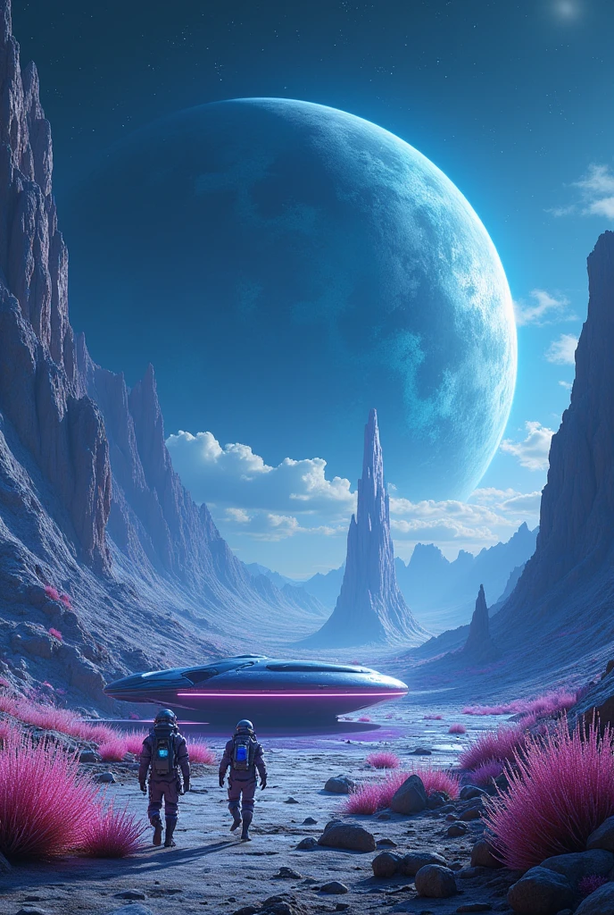 A mesmerizing, cinematic scene set on the surface of a mysterious, unknown planet, far beyond the reaches of our galaxy. The landscape is alien yet breathtakingly beautiful, with vast, sweeping plains of crystalline structures that shimmer in the light of a nearby, massive, blue-giant star. Towering above the horizon are jagged, mountain-like formations that resemble shards of glass, glowing faintly with an otherworldly energy. The sky is a deep indigo, scattered with unfamiliar constellations and the looming silhouette of a colossal gas giant with swirling storm clouds and multiple moons casting their ethereal glow. In the foreground, a sleek, futuristic spacecraft has landed, its hull reflecting the strange, iridescent light of the planet. Astronauts in advanced, reflective suits explore the terrain, their visors displaying data and holographic images as they marvel at the unfamiliar flora—delicate, luminescent plants that sway gently despite the lack of wind. In the distance, a massive alien structure, ancient and enigmatic, rises from the ground, partially buried, hinting at a long-lost civilization. The colors are a blend of deep blues, purples, and glowing neon accents, creating a visually striking and immersive scene that captures the awe and mystery of exploring the unknown reaches of space.