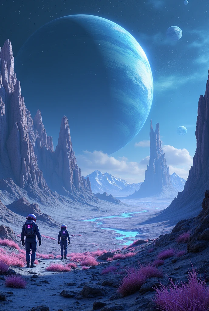 A mesmerizing, cinematic scene set on the surface of a mysterious, unknown planet, far beyond the reaches of our galaxy. The landscape is alien yet breathtakingly beautiful, with vast, sweeping plains of crystalline structures that shimmer in the light of a nearby, massive, blue-giant star. Towering above the horizon are jagged, mountain-like formations that resemble shards of glass, glowing faintly with an otherworldly energy. The sky is a deep indigo, scattered with unfamiliar constellations and the looming silhouette of a colossal gas giant with swirling storm clouds and multiple moons casting their ethereal glow. In the foreground, a sleek, futuristic spacecraft has landed, its hull reflecting the strange, iridescent light of the planet. Astronauts in advanced, reflective suits explore the terrain, their visors displaying data and holographic images as they marvel at the unfamiliar flora—delicate, luminescent plants that sway gently despite the lack of wind. In the distance, a massive alien structure, ancient and enigmatic, rises from the ground, partially buried, hinting at a long-lost civilization. The colors are a blend of deep blues, purples, and glowing neon accents, creating a visually striking and immersive scene that captures the awe and mystery of exploring the unknown reaches of space.