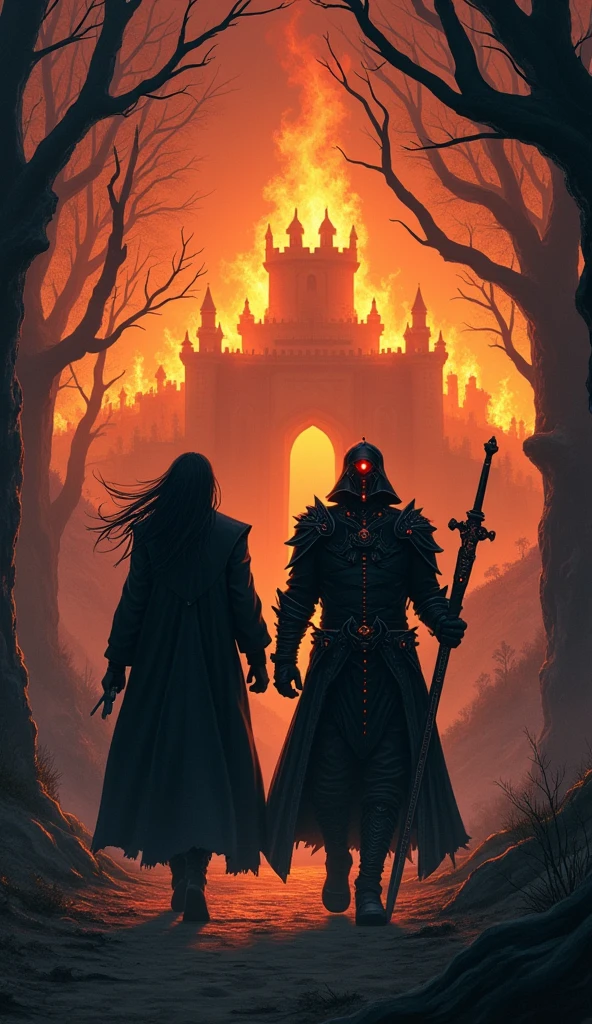 "A cinematic illustration capturing the moment when Voltex and Valis, two powerful warriors, leave behind a distant flaming castle as they approach the entrance to a dark, ancient forest. Voltex, dressed in a long black coat and a noble white shirt, walks with calm determination, his long black hair flowing in the wind. He holds a dark sword, its blade shimmering with a subtle golden energy. Beside him is Valis, clad in gothic black armor with blood-red gemstones, his helmet covering his face, leaving only his glowing red eyes visible. His massive black sword, engraved with ancient runes, is gripped firmly in his hand.
The scene shows the two figures from behind, as they stride toward the shadowy entrance of the forest. In the background, the flaming castle looms on a distant hill, engulfed in raging flames that light up the night sky. The castle's crumbling towers and walls are visible against the backdrop of the inferno, creating a dramatic contrast with the dark, foreboding forest that lies ahead. The forest's entrance is shrouded in thick shadows, with twisted, ancient trees framing the path. The entire scene is bathed in a mix of fiery orange from the distant flames and the cool, dark tones of the encroaching forest, creating a vivid and intense atmosphere. The scene is captured with an EOS 5D digital SLR camera, emphasizing the epic scale and the impending journey into the unknown."