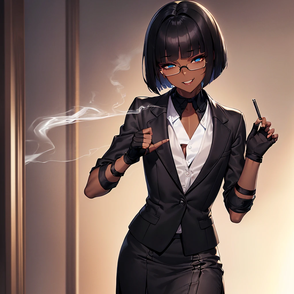 (masterpiece:1.2), highest quality, High resolution, unity 8k wallpaper, (fine and beautiful eyes:1.6), highly detailed face, perfect lighting, Detailed CG, (perfect hands, perfect anatomy:1.3), (1 femmale:1.4), (20 years old femmale:1.4),( black hair:1.3), extremely beautiful detailfeminine face and eyes, (evil smile:1.3), detailed eyes, best quality,( dark skin:1.8), extremely detailed, very precise detailed,(glasses:1.3), (blunt bangs:1.3), open mouth, (very short hair:1.4),(fingerless gloves:1.5), (half closed eyes:1.5),(business suit:1.6),boots,(flat chest:1.4),(Smoking a cigarette:1.2),sitting,(long skirt:1.3)