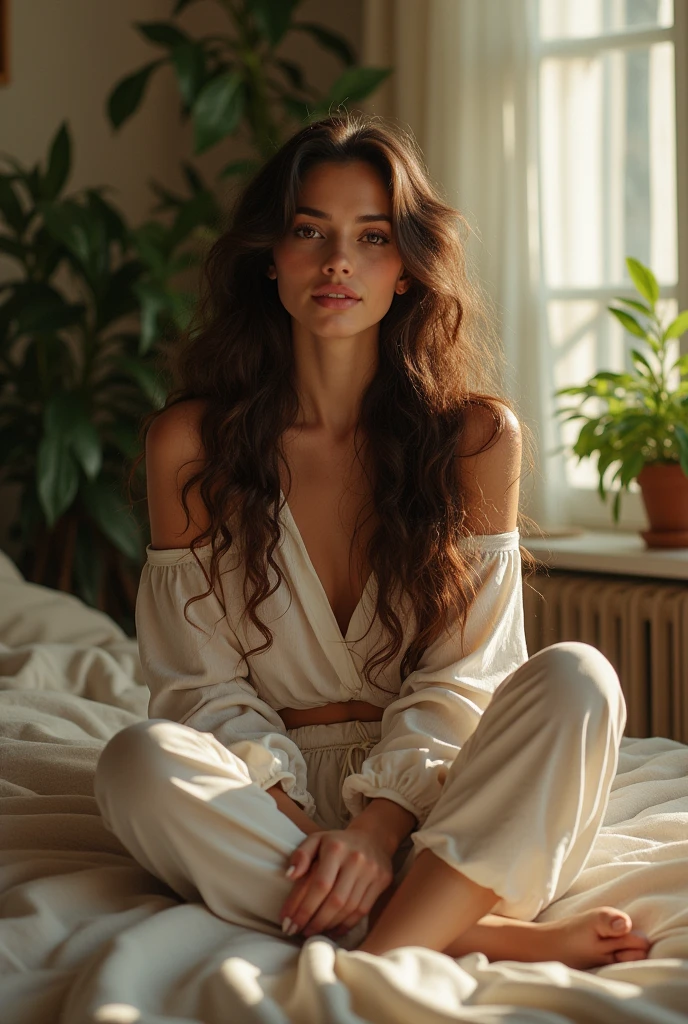 (photorealism:1.2), beautiful woman, sitting on bed, wearing loose off-shoulder top, pajama pants, long curly hair, indoors, soft lighting, plants in background, window with sunlight, cozy room, relaxed pose, realistic, intricate details, warm colors, by Greg Rutkowski, by Alphonse Mucha