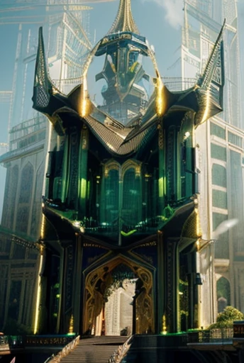 A beautiful palace ; cyberpunk aggressive design; external; 3 rendering; ultra realistic; uhd; masterpiece ; the wheel of time in top of it; High like a skycraper; time themed; green Golden and White; beautiful; boor style; photo realistic; 8 k