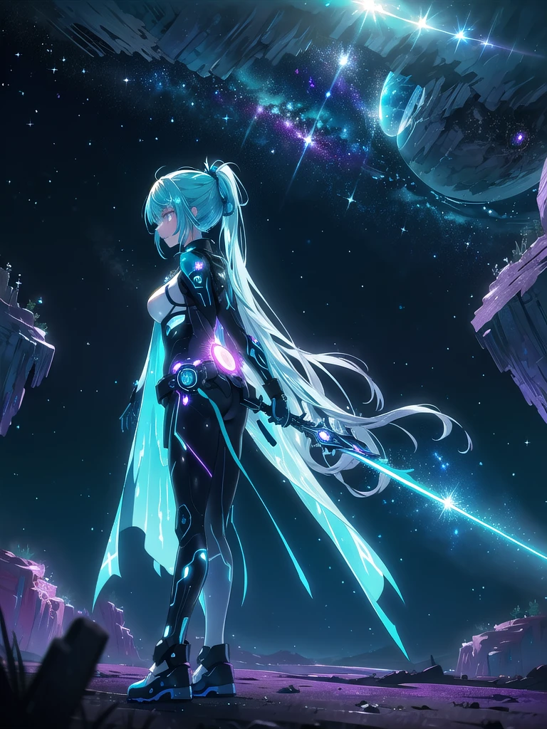 ((8k, Highest quality, masterpiece: 1.3)),Ultra-high resolution,(1 girl, alone), (Color changing eyes, Ultra-detailed, Expressive brilliance, Glitter, Glowing Eyes), Highly detailed eyes, Highly detailed face, Random Hair, ((pastel colour)),A fierce young woman with pastel teal hair tied into a high ponytail, dressed as a futuristic space warrior. She wears a sleek, silver bodysuit with blue and purple glowing patterns, and a laser sword strapped to her back. The camera captures her from a low angle as she stands on the surface of an alien planet during the early morning, with a giant planet rising on the horizon. The terrain is rocky and barren, with strange, luminescent plants scattered around. Her expression is determined and focused as she surveys the landscape, ready for whatever challenges lie ahead.
