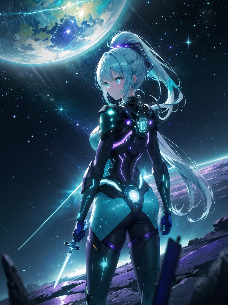((8k, Highest quality, masterpiece: 1.3)),Ultra-high resolution,(1 girl, alone), (Color changing eyes, Ultra-detailed, Expressive brilliance, Glitter, Glowing Eyes), Highly detailed eyes, Highly detailed face, Random Hair, ((pastel colour)),A fierce young woman with pastel teal hair tied into a high ponytail, dressed as a futuristic space warrior. She wears a sleek, silver bodysuit with blue and purple glowing patterns, and a laser sword strapped to her back. The camera captures her from a low angle as she stands on the surface of an alien planet during the early morning, with a giant planet rising on the horizon. The terrain is rocky and barren, with strange, luminescent plants scattered around. Her expression is determined and focused as she surveys the landscape, ready for whatever challenges lie ahead.
