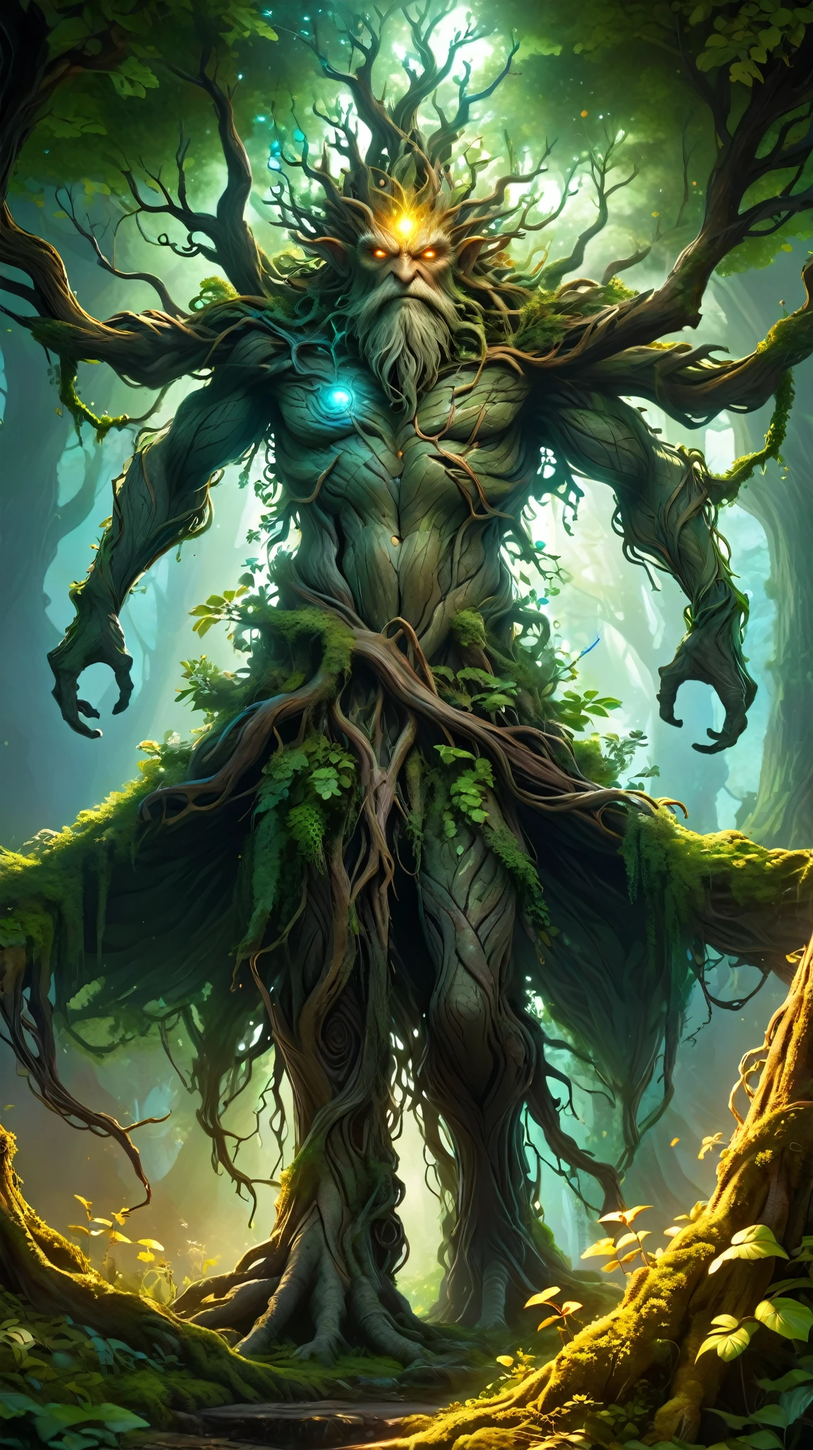 a magical treebeard using nature's power to heal, art nouveau style, ultra-detailed, 8k, highly realistic, dramatic lighting, vivid colors, intricate patterns, organic textures, ethereal atmosphere, fantasy, lush vegetation, glowing magical energy, radiant colors, dramatic shadows and highlights, masterpiece
