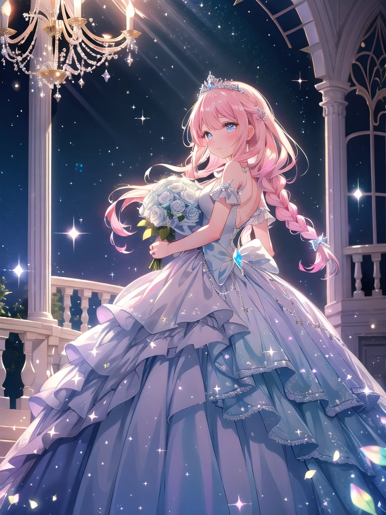 ((8k, Highest quality, masterpiece: 1.3)),Ultra-high resolution,(1 girl, alone), (Color changing eyes, Ultra-detailed, Expressive brilliance, Glitter, Glowing Eyes), Highly detailed eyes, Highly detailed face, Random Hair, ((pastel colour)),A radiant young woman with pastel pink hair styled in twin braids, dressed as a fairy tale princess. She wears a flowing, pastel blue ball gown with layers of tulle, sparkling with tiny crystals that catch the light. A delicate tiara sits atop her head, and she holds a bouquet of white roses. The camera captures her from a side angle as she stands on a grand staircase inside a luxurious castle during twilight. The chandelier above glows softly, and large windows allow the last light of day to filter through. Her expression is dreamy and full of hope, as if she’s awaiting her happily ever after.