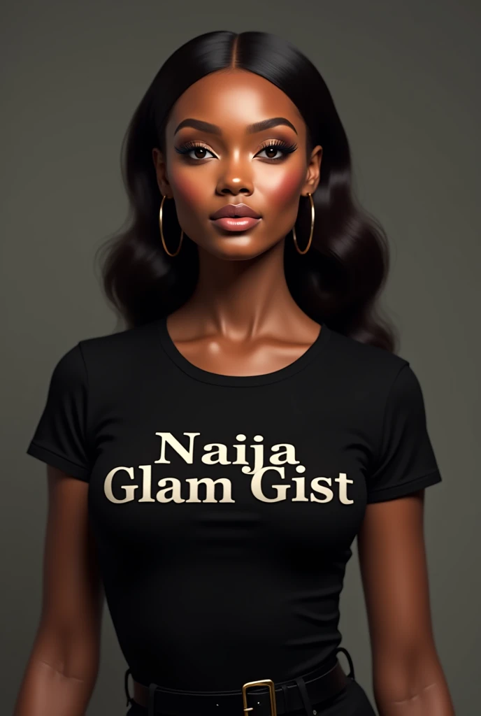 Create a beautiful lady model putting on a black round neck top with the inscription Naija Glam Gist