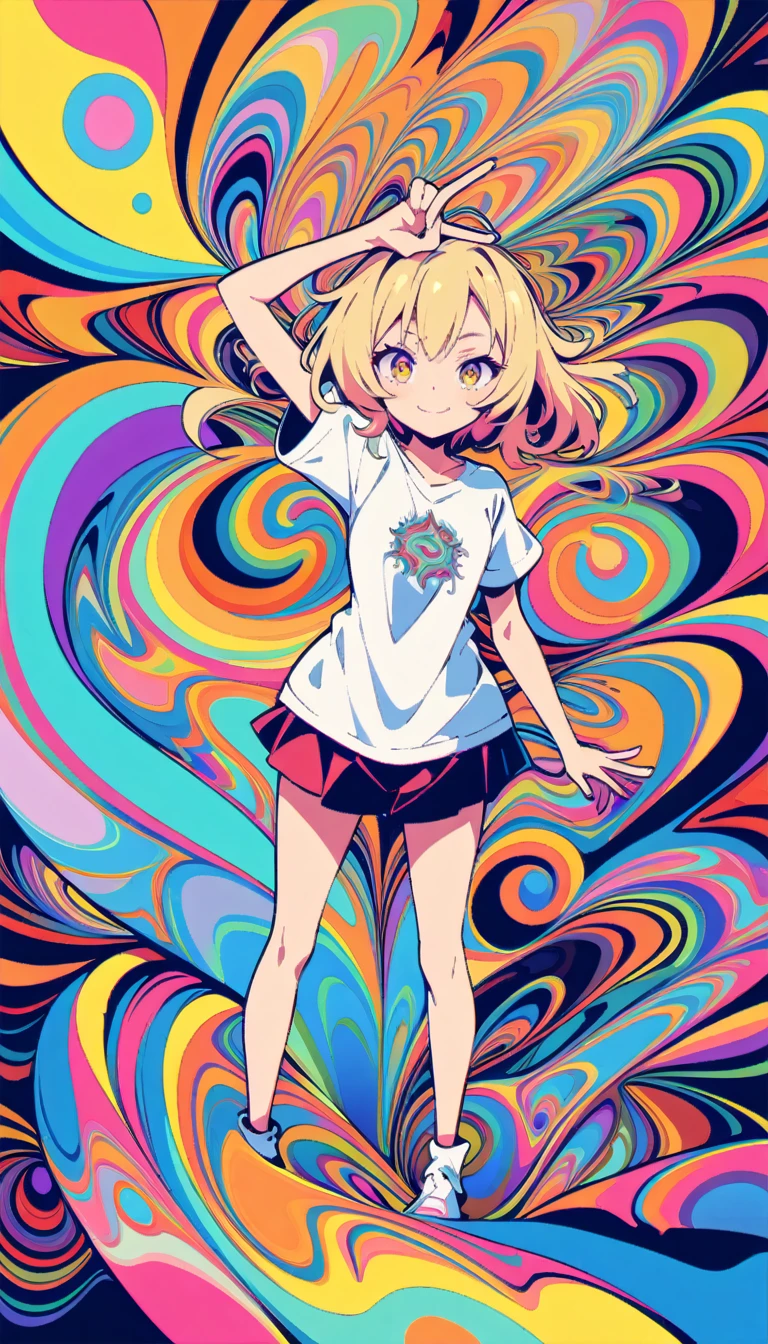 ((best quality)) , ((masterpiece)) , (detailed),Asuna Yumura from Kyo Stafford's "Sınızen no Eisetsu" in a white t shirt with the word 'O书法家' on it, smiling and doing a peace sign pose, posing against a wall of colorful newspaper clippings, with long blonde hair and brown eyes in a full body shot, in the style of anime.，((psychedelic style . vibrant colors, swirling patterns, abstract forms, surreal, trippy))