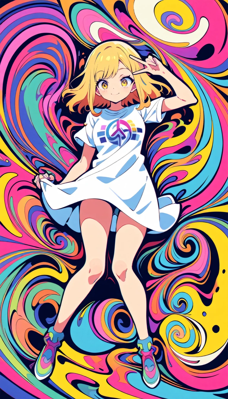 ((best quality)) , ((masterpiece)) , (detailed),Asuna Yumura from Kyo Stafford's "Sınızen no Eisetsu" in a white t shirt with the word 'O书法家' on it, smiling and doing a peace sign pose, posing against a wall of colorful newspaper clippings, with long blonde hair and brown eyes in a full body shot, in the style of anime.,((psychedelic style . vibrant colors, swirling patterns, abstract forms, surreal, trippy))