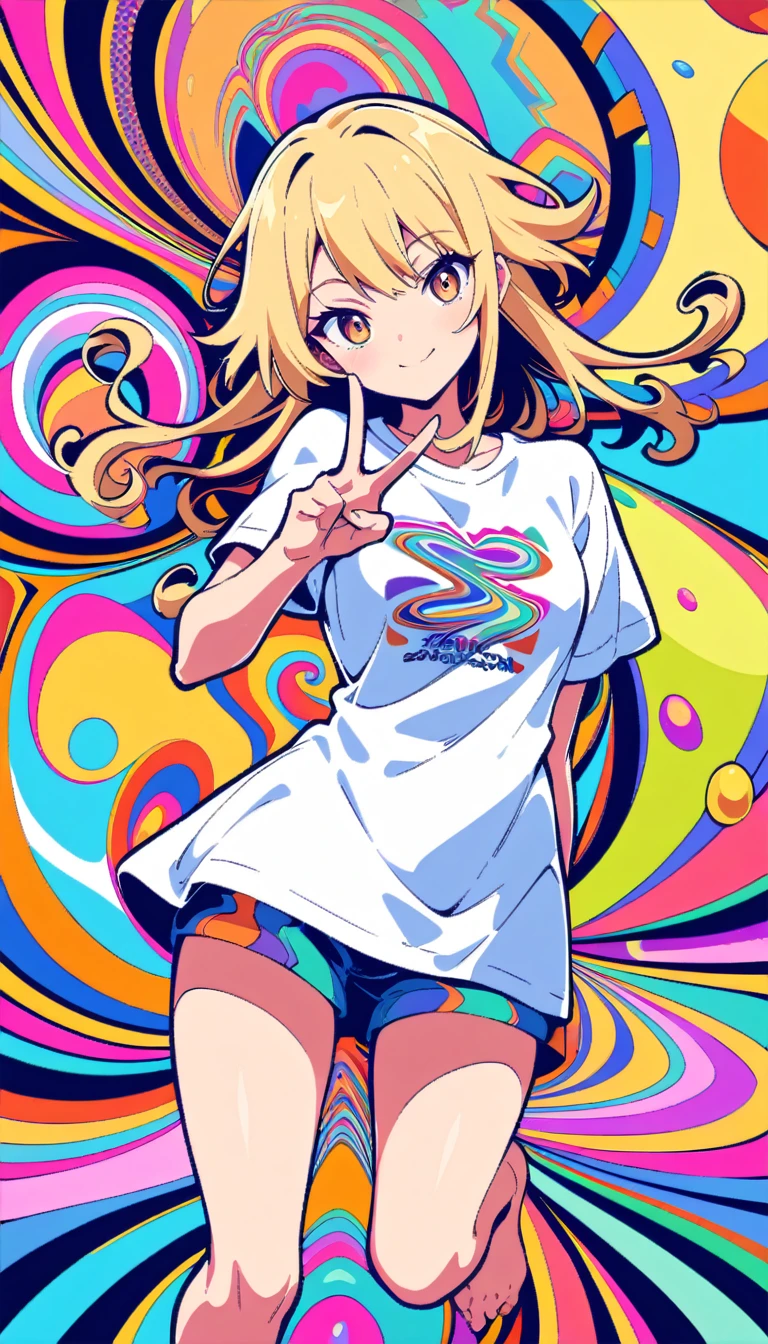 ((best quality)) , ((masterpiece)) , (detailed),Asuna Yumura from Kyo Stafford's "Sınızen no Eisetsu" in a white t shirt with the word 'O书法家' on it, smiling and doing a peace sign pose, posing against a wall of colorful newspaper clippings, with long blonde hair and brown eyes in a full body shot, in the style of anime.,((psychedelic style . vibrant colors, swirling patterns, abstract forms, surreal, trippy))