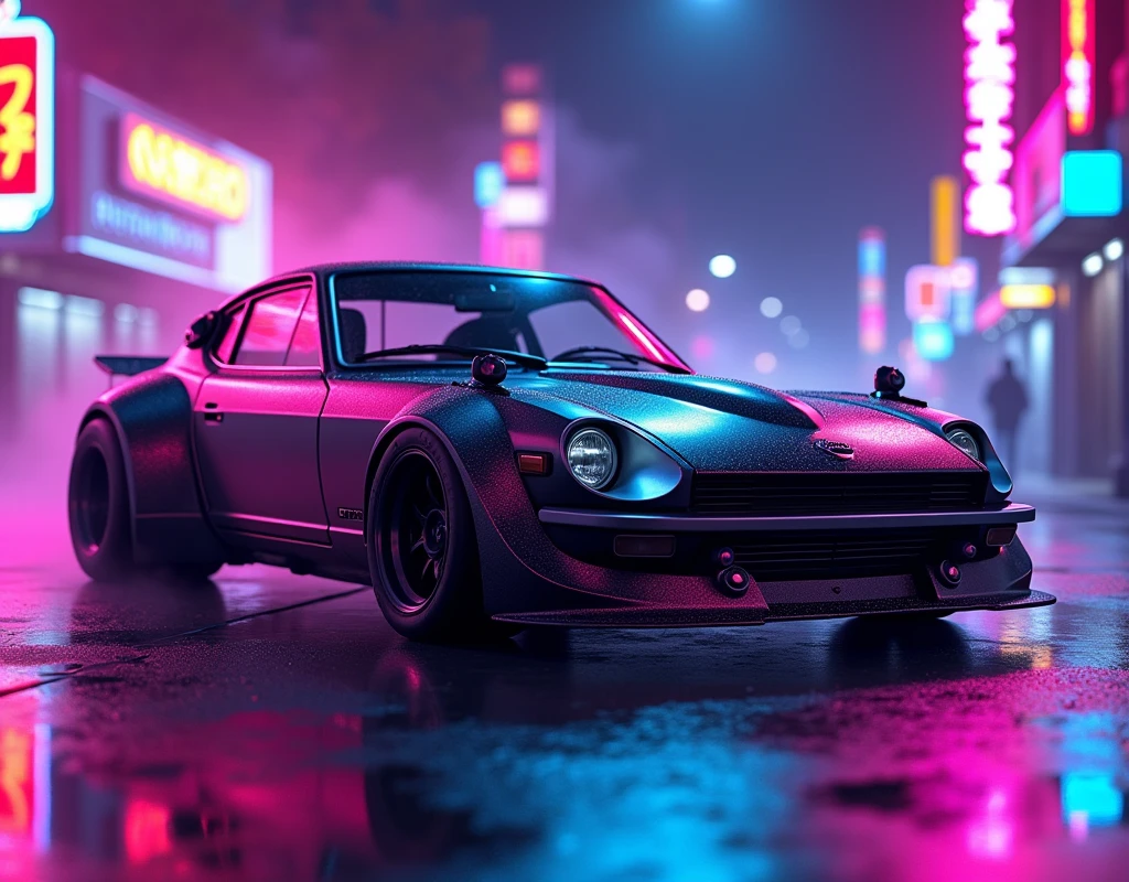 A detailed 1969 Nissan S30 with a wide body kit, driving on a city road at night, surrounded by purple neon lights, cinematic composition reminiscent of 1980s sci-fi films, high-contrast lighting with vibrant neon reflections, ultra-sharp 4K resolution, photorealistic render with extreme attention to detail, retrofuturistic cityscape backdrop, synthwave color palette dominated by purples and blues, vaporwave-inspired visual elements, 80s aesthetic with exaggerated aerodynamic car modifications, dramatic shadows emphasizing the car's contours, moody nighttime urban atmosphere, lens flares from neon signs, slight film grain for authentic vintage feel, anamorphic lens characteristics with horizontal lens flares, cyberpunk-influenced urban environment, hyper-realistic