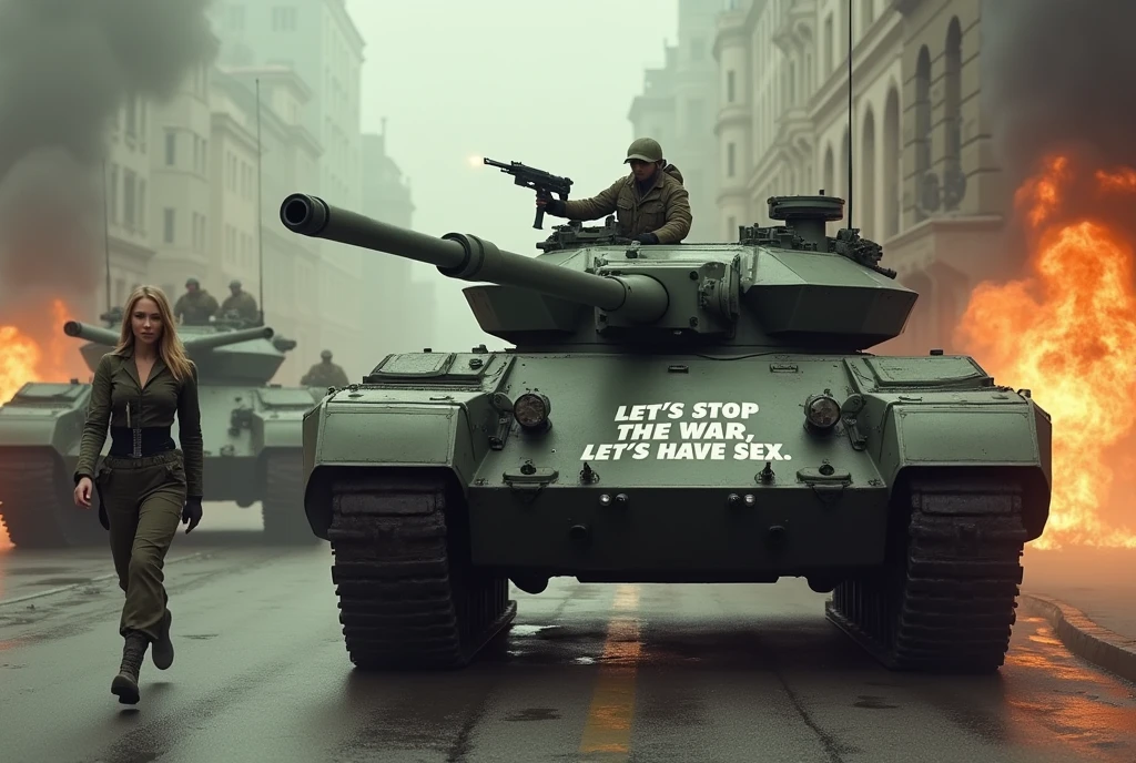 Enemy tank units invading the city, futuristic armored tanks with curved surfaces, accompanying infantrymen running around, detailed military vehicles, realistic military uniforms and equipment, dynamic military action scenes, flames burning in the rear, dust and flying debris, cinematic lighting, grim and stagnant atmosphere, horrific battlefield reality Close-up of an armored fighting vehicle, with the words "Let's stop the war, let's have sex" written in the center, firing at the signal of a female commander,