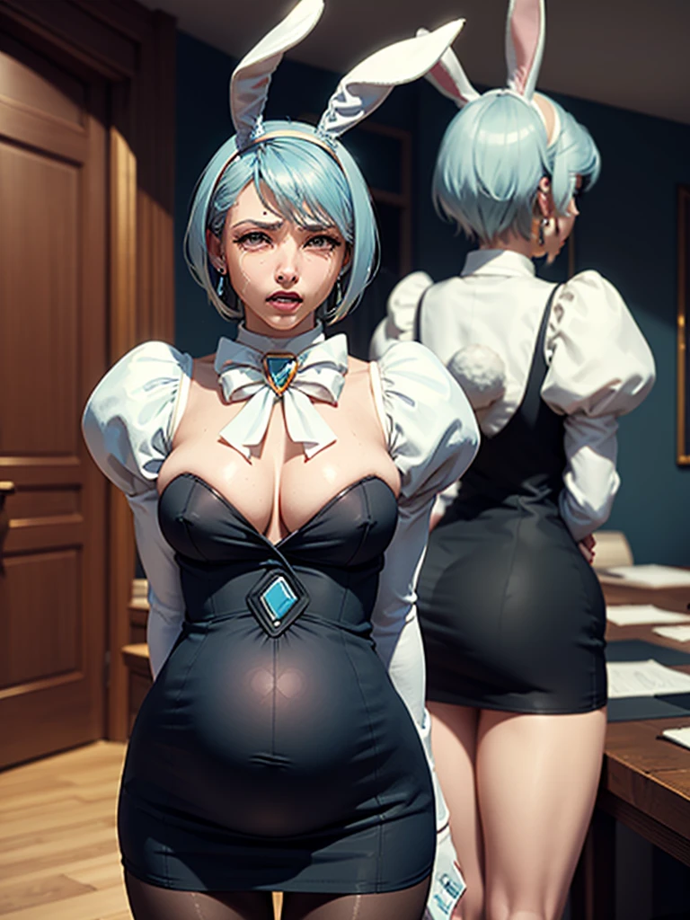 Beautiful woman is shown to have a athletic figure, she is wearing a beautiful nsfw dress, (aafranziska, light blue hair:1.5), ascot, puffy sleeves, pencil skirt, pantyhose, black gloves, jewelry, earrings, (black bunny ears:1.4), black lips, (tears:1.4), girl standing in a gala ballroom, sexy session, (arms behind back:1.4), exposed cleavage, (pregnant:!.4), cowboy shot, superior quality, many details, realistic