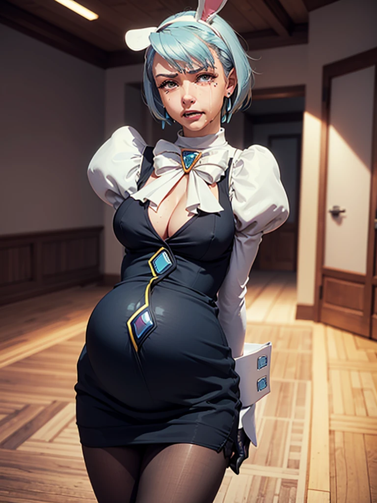 Beautiful woman is shown to have a athletic figure, she is wearing a beautiful nsfw dress, (aafranziska, light blue hair:1.5), ascot, puffy sleeves, pencil skirt, pantyhose, black gloves, jewelry, earrings, (black bunny ears:1.4), black lips, (tears:1.4), girl standing in a gala ballroom, sexy session, (arms behind back:1.4), exposed cleavage, (pregnant:!.4), cowboy shot, superior quality, many details, realistic