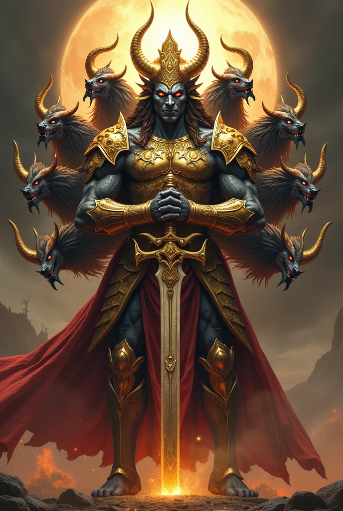 Ravana with 5 heads lined next to head in right and 4 heads to the left holding sward and golden armour