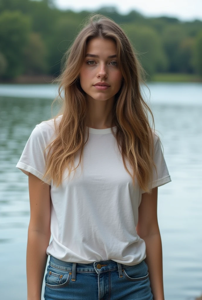 a photo of a age 22 short (busty:1.5) woman wearing plain comfortable t shirt and jeans clothes lakeside.