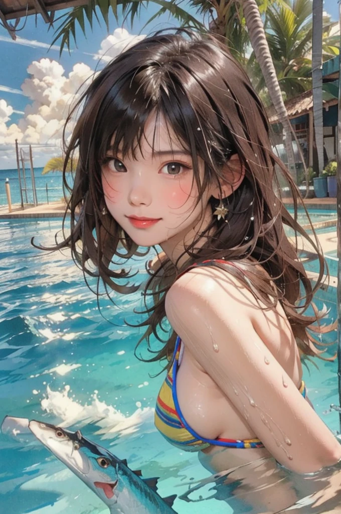 ((highest quality, masterpiece, High resolution)), ((reality)),Photos of beautiful Japanese women,((anime art))、 (((1 girl))), normal size breasts, slim body shape, long ponytail,double eyelid, Wet see-through micro bikini, A pareo with bold ethnic patterns and plenty of primary colors、(Brown skin:1.4),realistic skin、Wet,whole body,cinematic light、tropical、Against the background of palm trees on both sides、on a sunny beach、With the sea in the background、blur background、smile