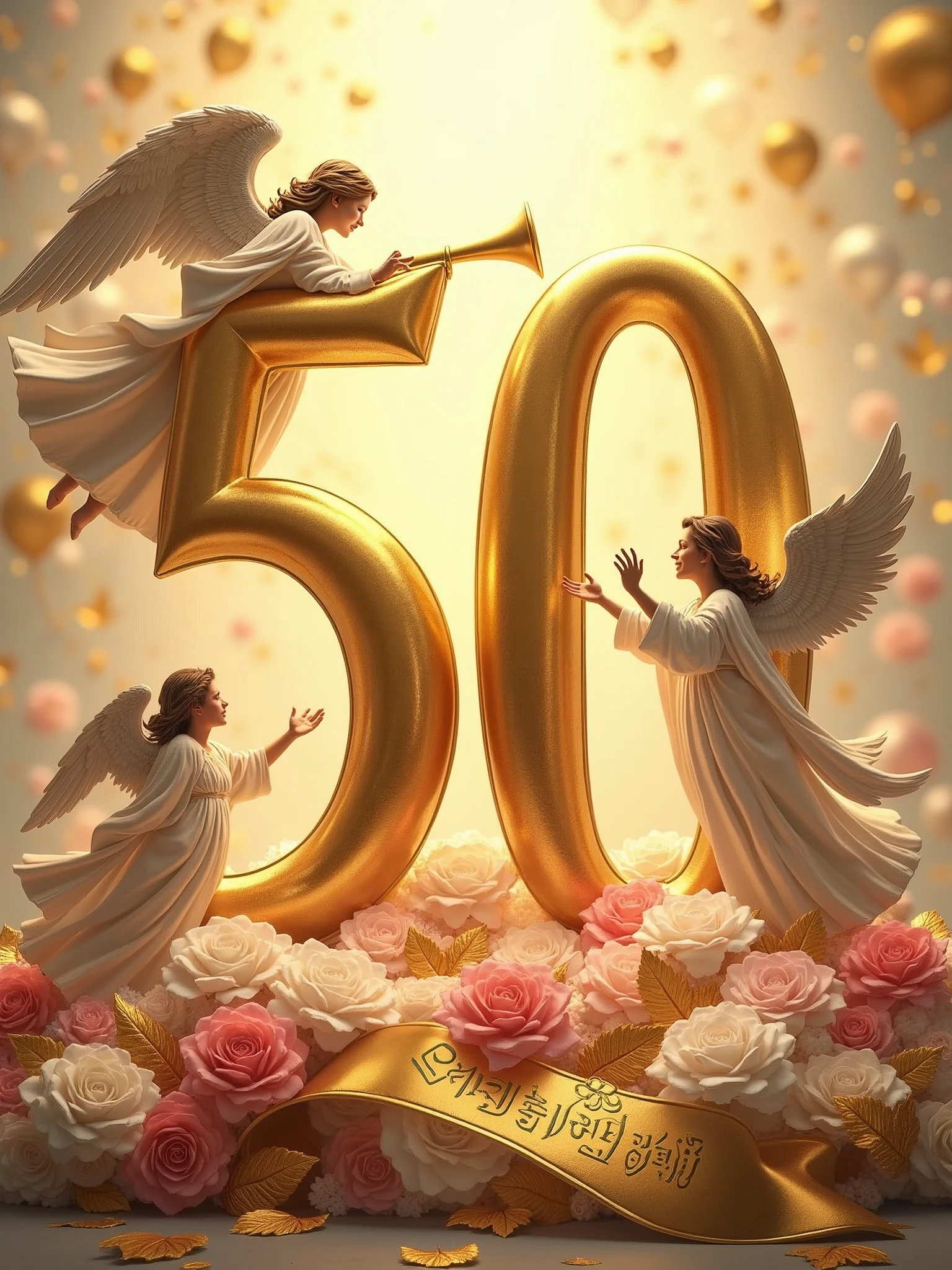 Create a visually stunning and celebratory scene featuring a golden number 50 placed vertically on the left side of the image, lying on a bed of lush bouquets of pink and white flowers with golden leaves. At the top of the number 50, place a majestic angel holding a trumpet, as if heralding a grand announcement. Beside the number 50 on the right, position another angel in a welcoming posture, extending a hand as if inviting others to join the celebration. At the bottom of the image, include an elegant golden ribbon flowing gracefully with the words 'Sacerdotal Golden Jubilee' inscribed in a sophisticated font. Ensure the overall composition exudes a sense of reverence, festivity, and honor.