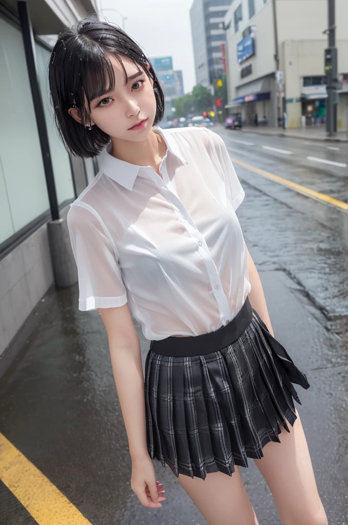 (8k, Photorealistic, Raw photo, Highest quality: 1.4),Japanese idol-style beautiful girl,1 person,,(Short Bob),(Black),(She has her hair tucked behind her ears),(Raindrops dripping from hair),(Clear grey eyes),(Long eyelashes),(piercings(small)),(Lip gloss),(lips(Plump,glossy)),(Thin and delicate shoulders),(thin abdomen),(blouse(White,Short sleeve)),(Pleated skirt(Plaid)),(loafers(Black)),(summer),(Sudden squall),(Soaked from head to toe),(My shirt is wet and transparent),(On the way home from school),(Under the eaves of the store),(Looking out at the rainy street),(Long shot from across the street),(Full body snapshot)