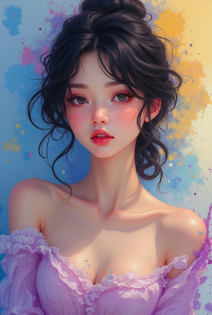 Colorful beautiful woman: a giru 20-years old, messy hair, oil painting, nice perfect face with soft skinice perfect face, blue yellow colors, light purple and violet additions, light red additions, intricate detail, splash screen, breasts:nsfw:1.3, 8k resolution, masterpiece, cute face,artstation digital painting smooth veryBlack ink flow: 8k resolution photorealistic masterpiece: intricately detailed fluid gouache painting: by Jean Baptiste Mongue: calligraphy: acrylic: watercolor art, professional photography, natural lighting, volumetric lighting maximalist photoillustration: by marton bobzert:, complex, elegant, expansive, fantastical, wavy hair, vibrant