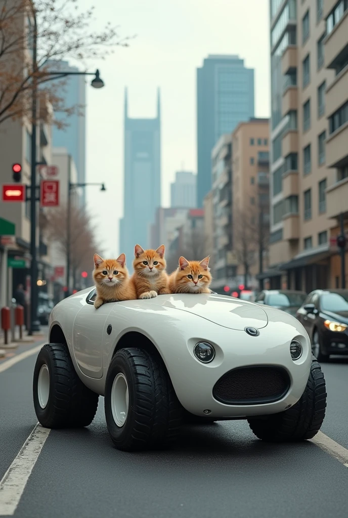 Neko-Nabe Armored Tank, armored tank with an oval iron pot motif, super vehicle, Fully air conditioned, six-wheeled off-road vehicle, monster truck, futuristic curvaceous car body, pure white car body, BREAK, running through the city during the day, obey traffic rules, four kittens peeking out of the car window,