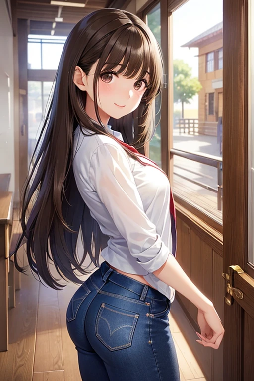 anegasaki nene、Shiny brown hair, short hair, (Beautiful brown eyes)、smile、Sparkling eyes, (Fine grain)、Ultra-detailed eyes、Highly detailed face, Highly detailed eyes,Cowboy Shot、Inside the school、campus、beauty、Upper Body、one piece、Skinny jeans、During class。Long Hair、Innocent face、corridor、Run、Butt Emphasis、