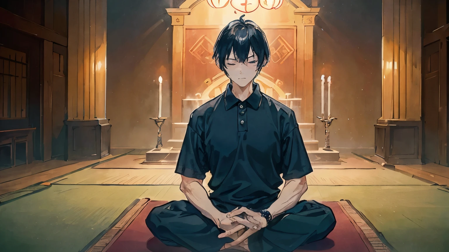 One man, black hair, short hair, serious expression, praying with eyes closed, dark blue polo shirt, standing in the center of a large hall, sacred prayer room, upper body composition