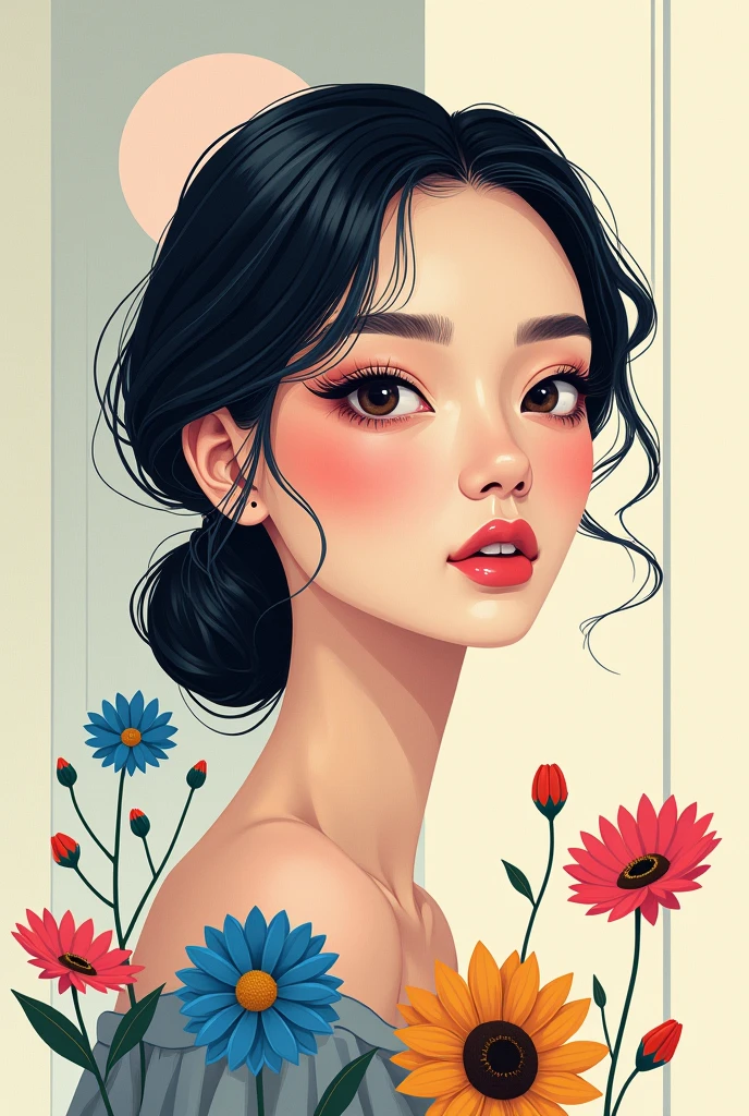 (((1 girl, beautiful detailed eyes, beautiful detailed lips, extremely detailed eyes and face, long eyelashes, unique, pretty face, contour, portrait, shoulder, black high neck, geometric gradients, gradient lines, artistic conception, abstract, minimalism, minimalist lines, portrait, blue flower, flower, pink flower, red flower, red rose, rose, solitary, sunflower, vector, flat style, illustration, digital art illustration)))