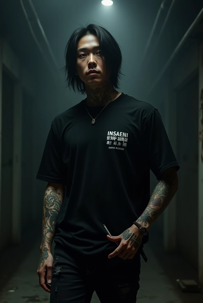 Handsome white skin korean tattoo man , wearing black t-shirt with insaeni written on it, jeans, straight black hair, giving mafia vibes , smoking cigarettes, ai , , intricate details, hard lighting,