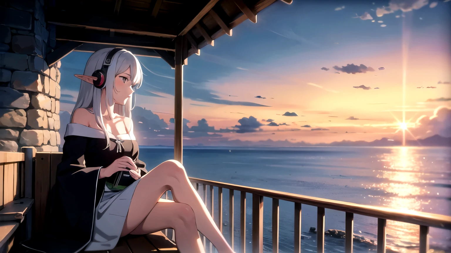 elf girl with white hair, sitting at balcony facing the beach, wearing headphone, sunset view, wearing medieval dress, medieval town.