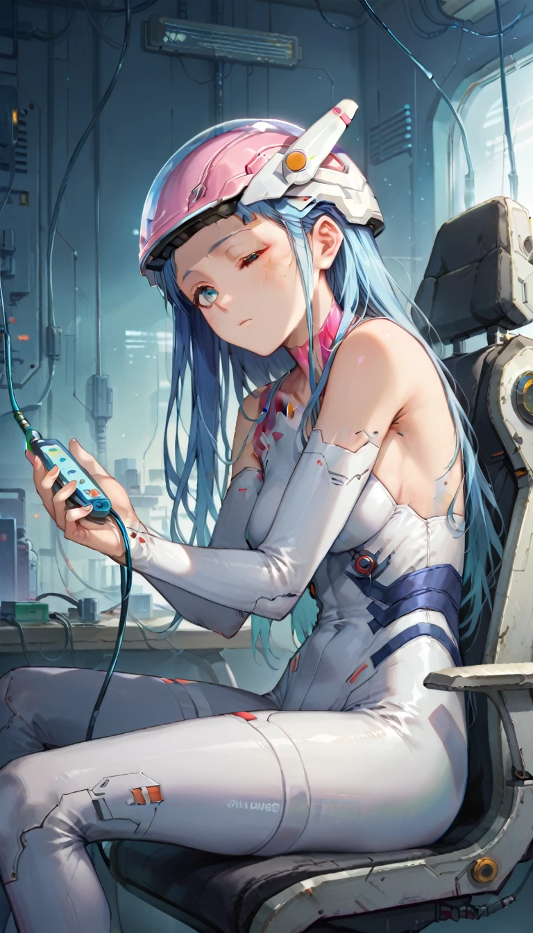 score_9, score_8_up, score_7_up, masterpiece, absurdres, source_anime, cyberpunk world, netrunner girl, in a cyberpunk garage with neon, lots of screens around her, ultra detailled background, 1girl, blue hair, long hair, blushing, (on a futuristic chair:1.4), (futuristic eye-covering helmet:1.8), (sleeping:1.2), (futuristic skin-tight suit:1.2), (lots of electrical cables plugged into her head:1.8)