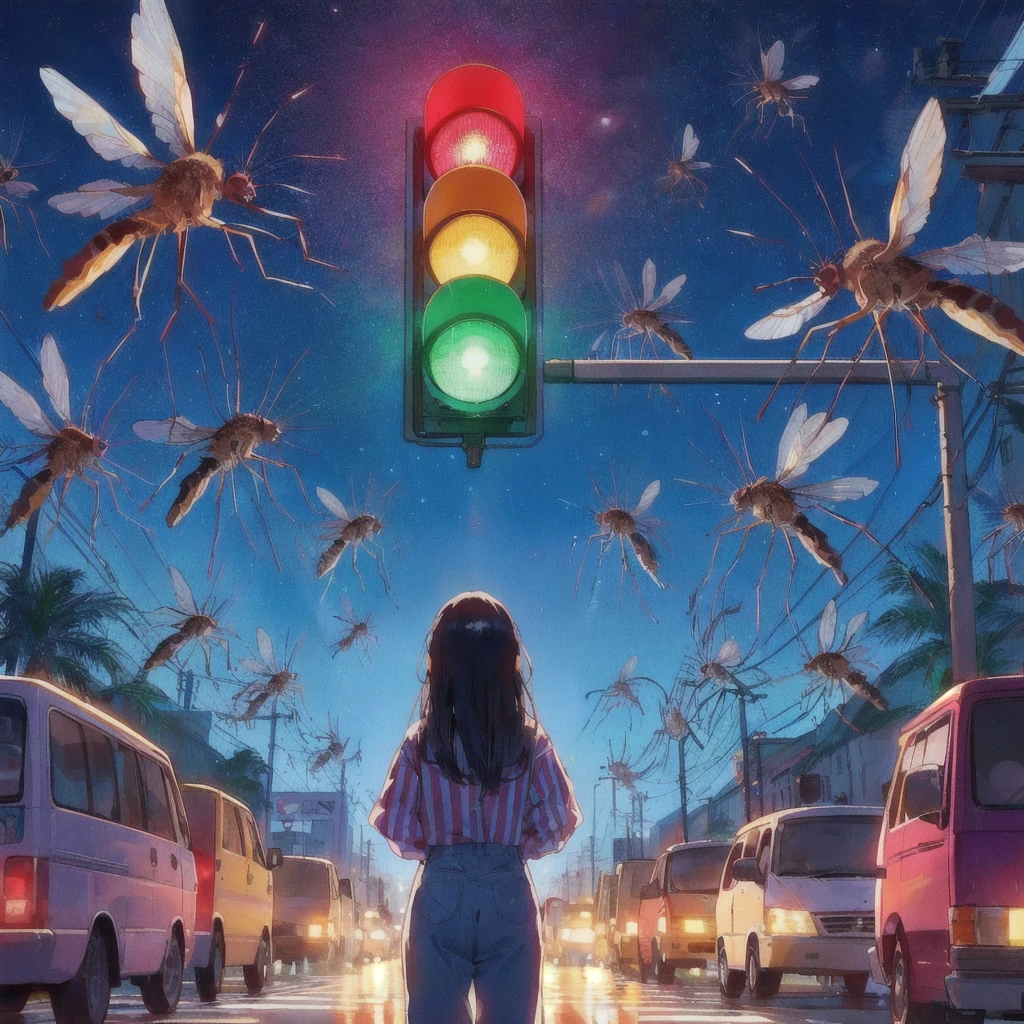 There is a woman standing in the middle of the street with a traffic light.。, A giant mosquito is flying,buzzing fluorescent lights, Album art, !! Stop turning on the light, Chill Hop, Beep daily art, 3840x2160, 3840×2160, Colorful illustration, 80s anime style,realism | Beep, Beep!!