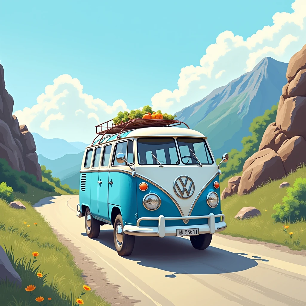 "A masterpiece illustration of a blue combi running on a mountain road, Perfect proportions, High resolution."