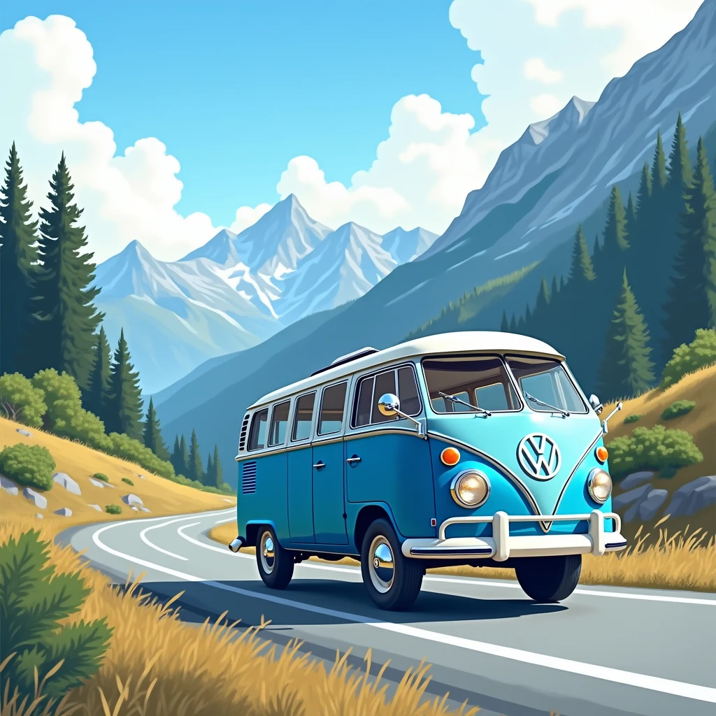 "A masterpiece illustration of a blue combi running on a mountain road, Perfect proportions, High resolution."