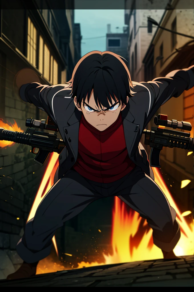 1 boy, black hair, angry boy, angry face, super serious face, closed mouth,single shot, zoom camera, grenades , lots of guns, bombs, weapons, rifles, mines, land of wars
, anime_coloring,anime_keyvisual, colorful,vivid