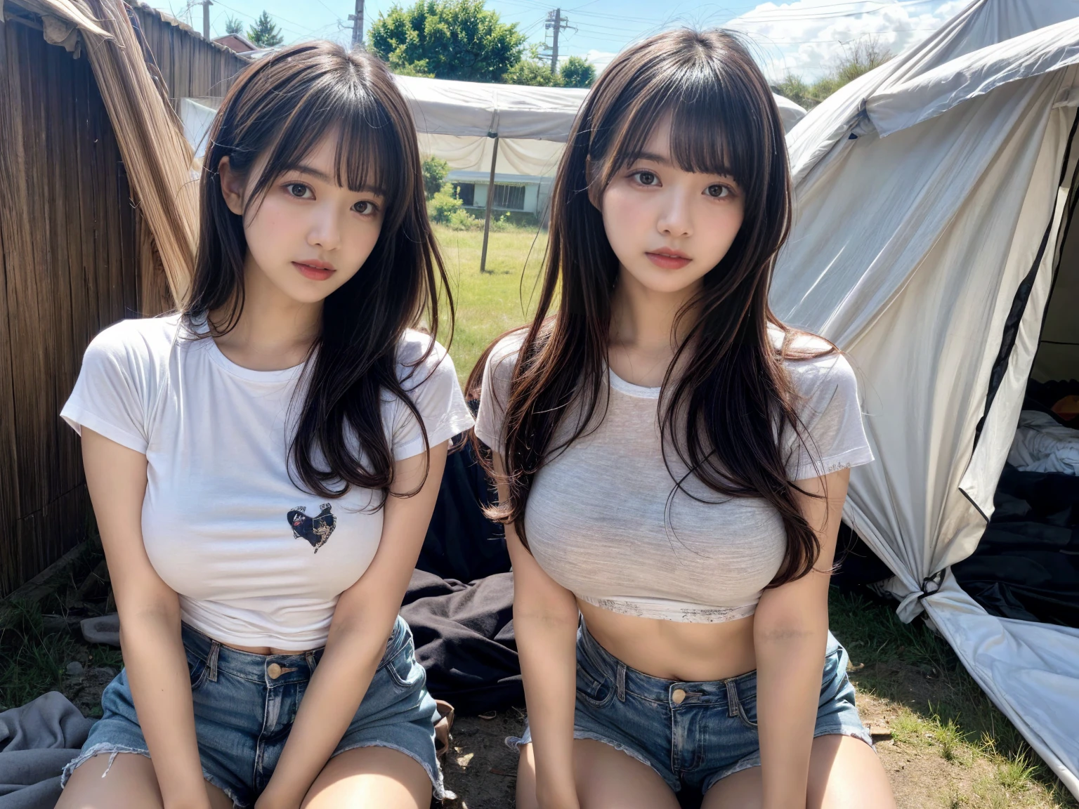 masterpiece, best quality, illustration, Super detailed, fine details, High resolution, 8K,wall paper, perfect dynamic composition,(Details High quality, realistic depiction of eyes:1.3), (2 girls), Tattered clothes, (The collapsed room), (Inside the barrack tent), (wearing a tattered and dirty t-shirt.:1.1), Wearing baggy pants, dirty body, (Messy long hair), black hair color, Big Natural Color Lip, crying a little、Harajuku style、20 year old girl、cute type、lolita, Gravure Idol, full body photo、focus on crotch, huge breasts