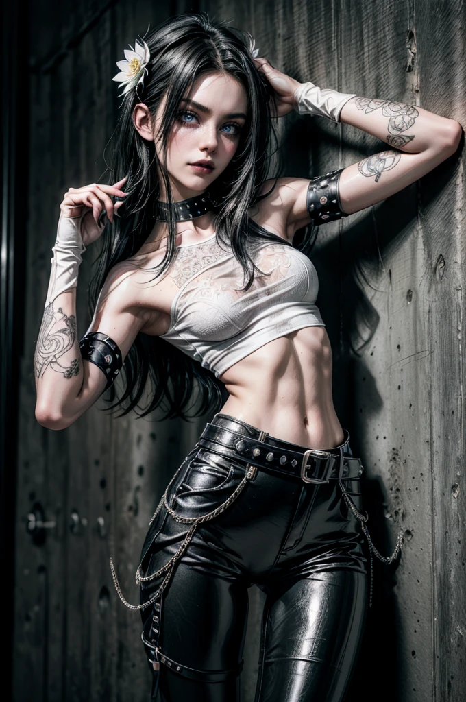(Detailed illustrations, Very detailed and detailed drawing, Delicate lines with slow and rapid, Realistic texture expression), One woman with very short white hair with black tips, ( emo hairstyle, ), goth, pale white skin, evil smirk, (girls bedroom background), dark lighting, cold atmosphere, lore_Emma , blue eyes , dark eyeliner, (ultra dark glossy black lipstick), bored expression, gorgeous face , super cute, 18 years old , hyper detailed face, (super skinny figure , small breast, thin waist), back leaning against wall, one raised arm behind head, slim legs, slim hips, LowriseXL, (ultra low rise wet look shiny leather pants with transparent flower pattern), (mesh shirt with flower pattern under bare shoulder white t-shirt), black choker, vulva tattoo, (white lotus flower in hair), ((flower pattern tattoo)), fingerless leather gloves, (black nail polish), faded tattoo's, ((thigh belt)), ((hip chains)), ((belt hanging on hip)), ((many studded belts))