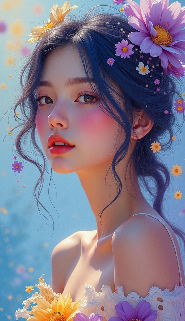Colorful beautiful woman: a giru 20-years old, messy hair, oil painting, nice perfect face with soft skinice perfect face, blue yellow colors, light purple and violet additions, light red additions, intricate detail, splash screen, breasts:nsfw:1.3, 8k resolution, masterpiece, cute face,artstation digital painting smooth veryBlack ink flow: 8k resolution photorealistic masterpiece: intricately detailed fluid gouache painting: by Jean Baptiste Mongue: calligraphy: acrylic: watercolor art, professional photography, natural lighting, volumetric lighting maximalist photoillustration: by marton bobzert:, complex, elegant, expansive, fantastical, wavy hair, vibrant