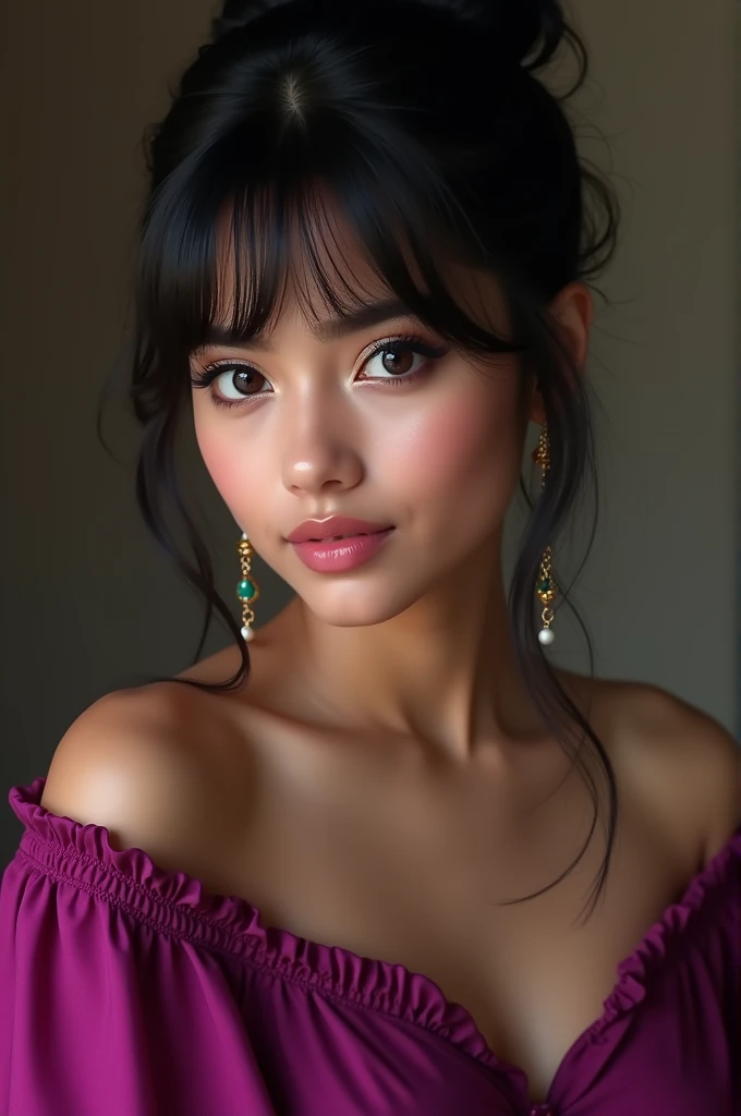 25 years old sexy indian girl round innocent childlike face in magenta off shoulder top very cute glowing face, innocent face, girl, drama queen, tantrums,
(ultra realistic,32k, masterpiece:1.2),(high detailed skin:1.1),( high quality:1.1), looking at viewer, (beautifully lit:1.1), blurry background, black puffed bun hair, bangs, (pink lips:0.9), medium breasts:(0.5) mascara, magical eyes, posing like a goddess
