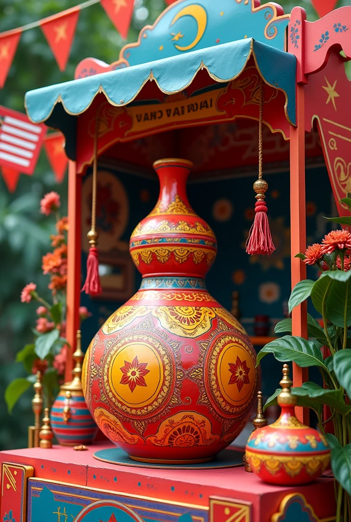 Kindergarten stall decoration themed Malaysian Independence Day with labu sayong