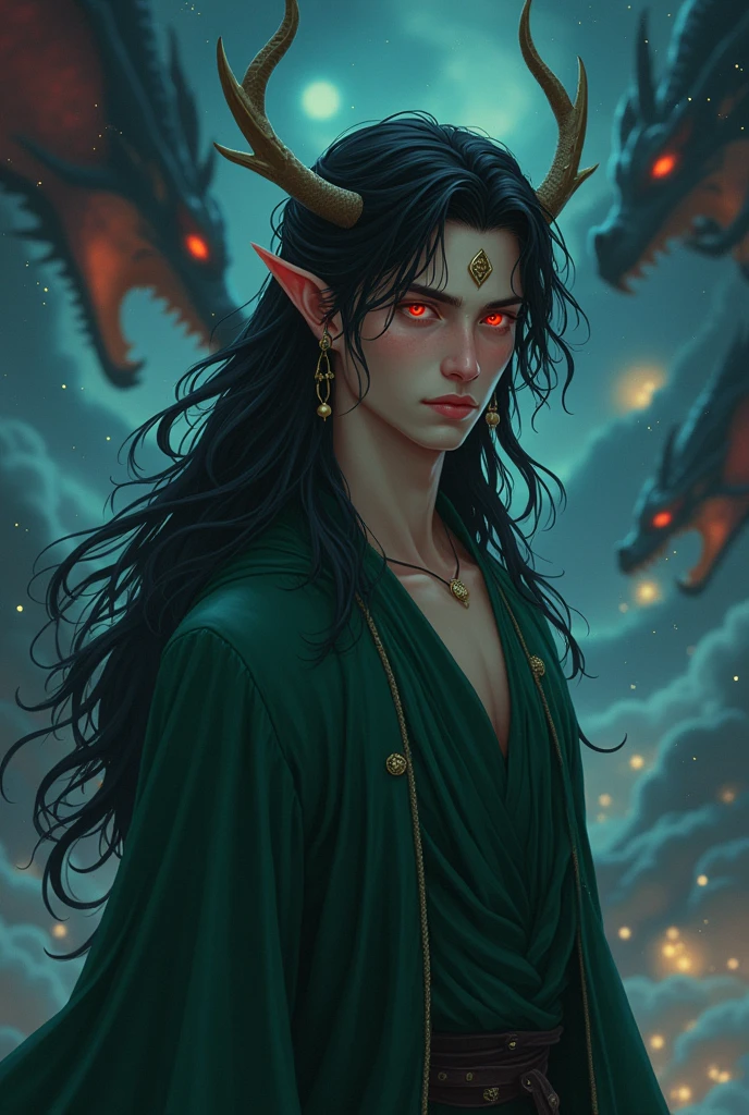 Fine, (Best Illustration), 8k Resolution, Intricate Details, Best Quality, Realistic, Ultra Detailed, Best Lighting, Best Shadows, Ultra HD, ((((Handsome muscular Young Man))), ((teenage :1.5)), (glowing red eyes), (glowing eyes), ((((long black hair: 1.1))), ((dark green clothes)), (prince (indifferent expression), , (((Wearing high detail luxurious green robe))),, starry night sky, falling meteors, elf ears, ((fair skin)), with dragon horns on forehead, surrounded by giant dragons