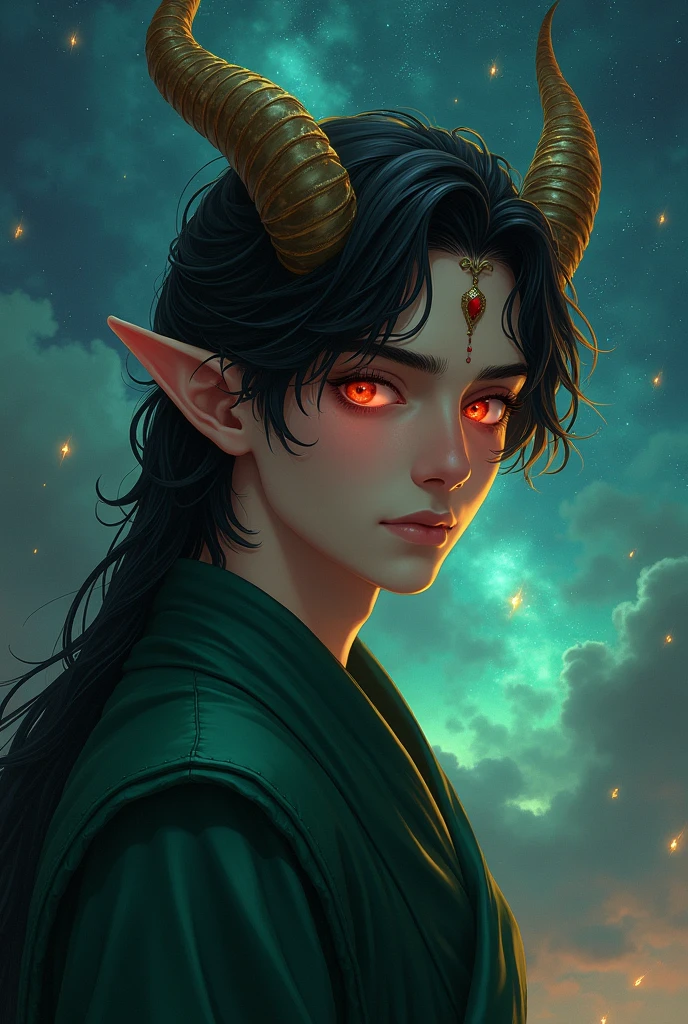 Fine, (Best Illustration), 8k Resolution, Intricate Details, Best Quality, Realistic, Ultra Detailed, Best Lighting, Best Shadows, Ultra HD, ((((Handsome muscular Young Man))), ((age :1.5)), (glowing red eyes), (glowing eyes), ((((long black hair: 1.1))), ((dark green clothes)), (prince (indifferent expression), , (((Wearing high detail luxurious green robe))),, starry night sky, falling meteors, elf ears, ((fair skin)), with dragon horns on forehead, surrounded by giant dragons