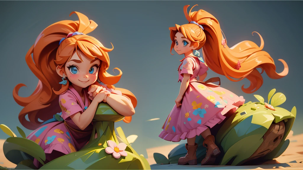 High quality concept art portrait featuring a fantastic and beautiful, fair and curious , 7 years old, with a bright smile, big blue eyes, and wavy chestnut hair often tied up in a playful ponytail. She wears a colorful dress with a floral pattern and sturdy hiking boots.

