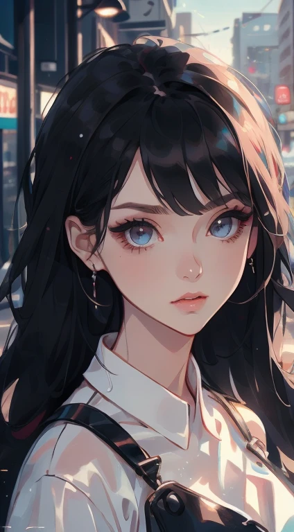 beautiful girl, Half Body Portrait, Long hair, bright red, messy hair, Black eyeshadow, (Street Style Wear:1.2), (Urban Background:1.2), Heavy makeup, Digital Art, Trending on Art Station, highly detailed, The finer details, Complex, beautiful detailed glow, detailed, Cinematic Light, High resolution, detailed facial features,Sharp focus, Smooth, beautiful,