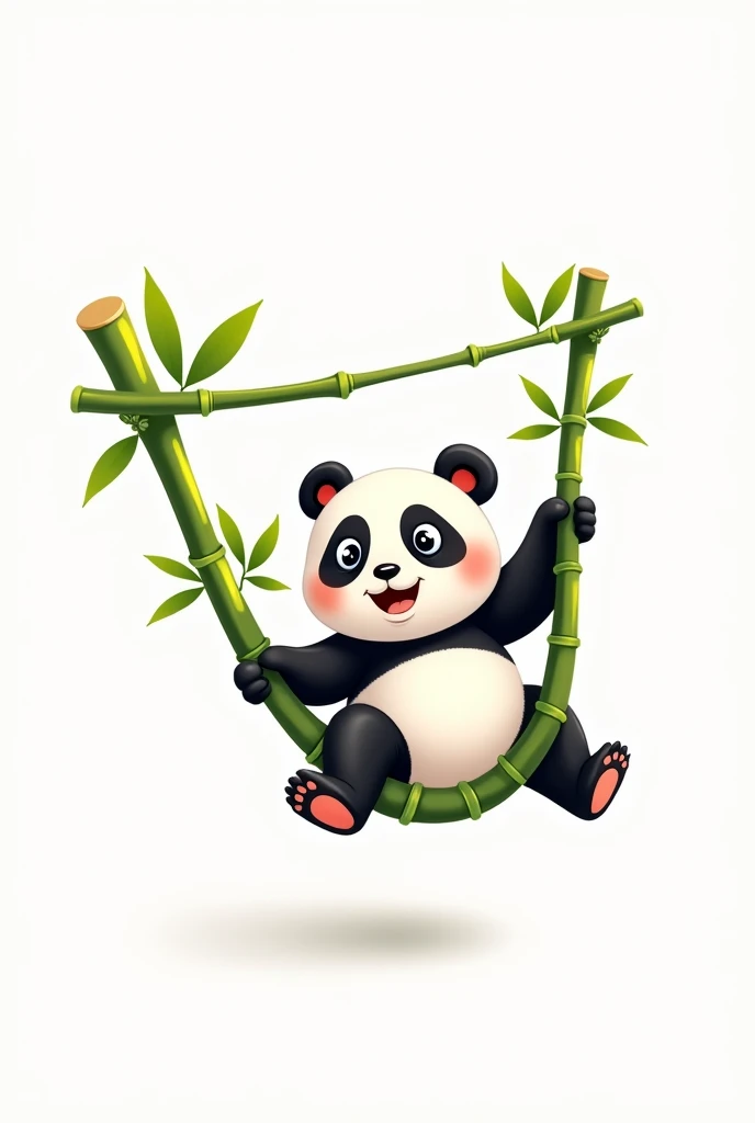 Cute animated panda, swinging on a bamboo, smiley face in white baground