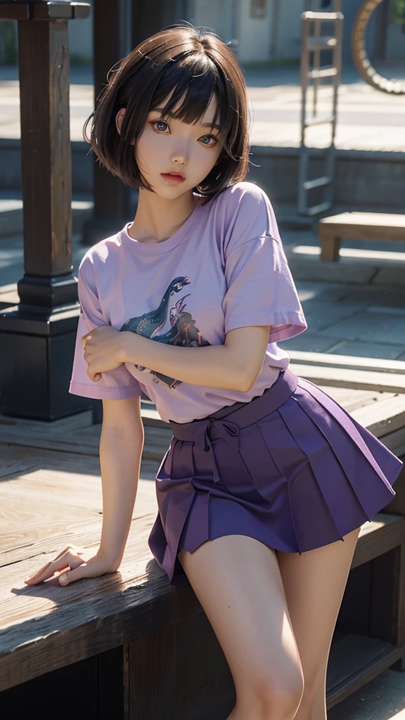 Anime 3D style, hyper-realistic, best quality, 1girl, solo, A charming teenage Asian with high detailed of eyes reflexively and features, looking at viewer, short hair, brown hair, bob cut, purple eyes, super details, purple shirt and blue skirt, swept bangs, pink lips, with a fierce blue dragon behind her,depth of field, CG animation, highest quality, masterpiece, full body