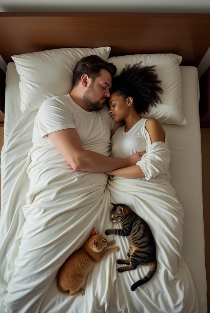 Couple sleeping in a double bed, tall, white, fat man, beautiful, short, light-skinned black woman, Two felines also sleeping in the bed, from above view.