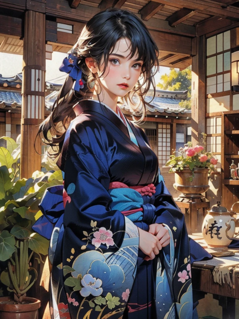 (highest quality、8k、32k、masterpiece)、(masterpiece, up to date,Exceptional:1.2), Anime, One girl,Front hair,black_hair, Beautiful 8k eyes,Looking_in_Audience,One person in,Are standing,((Very beautiful woman, Fuller lips, Japanese pintern kimono))、((Colorful Japanese kimono)))、(((Medium Shot)))、Blunt bung、(High resolution)、Very beautiful face and eyes、1 girl 、Round and small face、Narrow waist、delicine body、(highest quality high detail Rich skin details)、(highest quality、8k、Oil paints:1.2)、Very detailed、(Realistic、Realistic:1.37)、Bright colors、(((blackhair)))、(((longhair)))、(((cowboy pictures)))、((( Inside an old Japanese house)))、(masterpiece, highest quality, highest quality, Official Art, beautifully、aesthetic:1.2), (One girl), Very detailedな,(Fractal Art:1.3),colorful,Most detailed,Sengoku period(High resolution)、Very beautiful face and eyes、1 girl 、Round and small face、Tight waist、Delicine body、(highest quality high detail Rich skin details)、(highest quality、8k、Oil paints:1.2)、(Realistic、Realistic:1.37)、Greg Rutkowski Written by Alphonse Mucha Ropp, sun lips